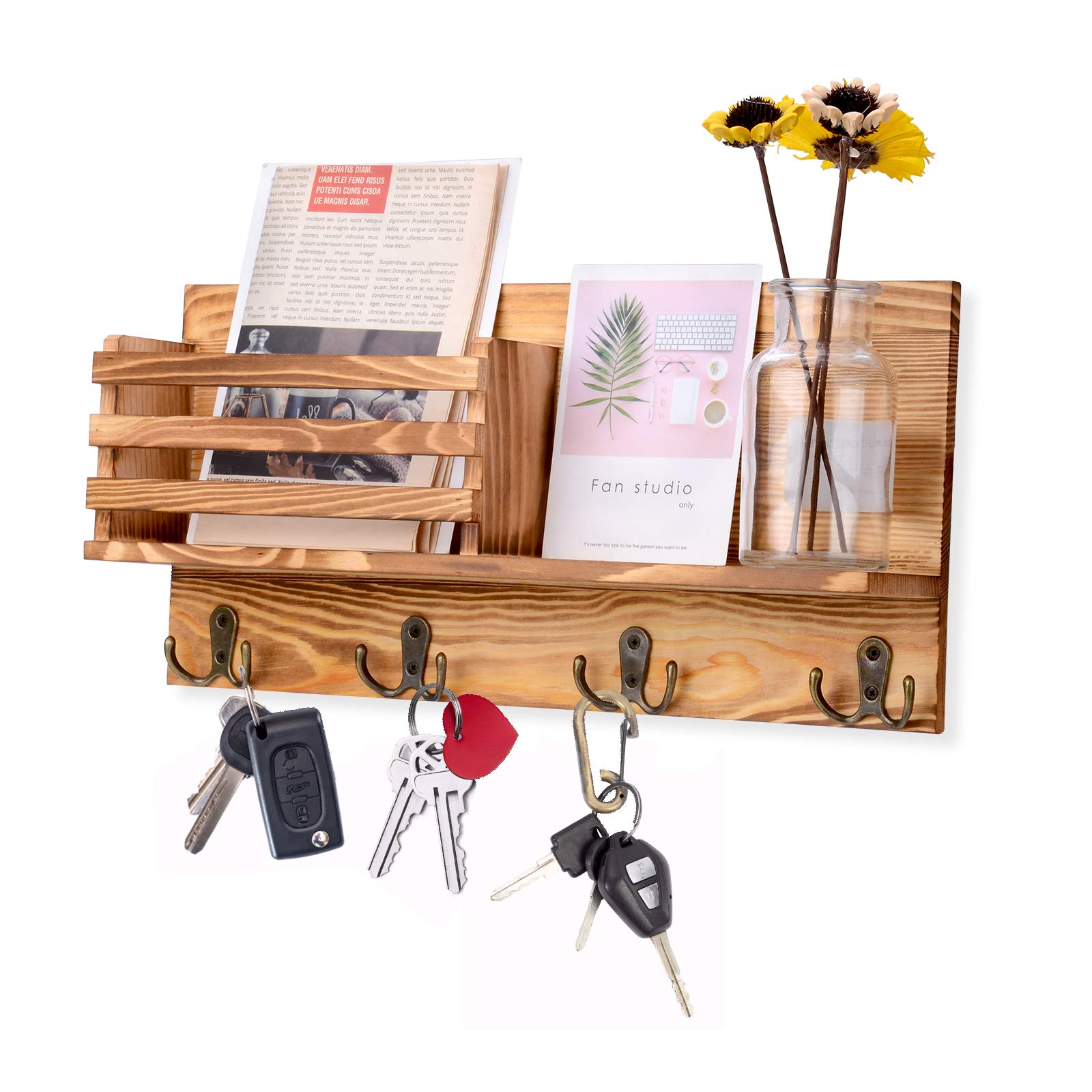 AXABING Key Holder for Wall Decorative with 4 Double Key Hooks, Wall Mounted Key Hangers for Wall with Mail Key Rack, Wooden Mail Organizer with Shelf, Home Decor for Entryway Mudroom Hallway Office