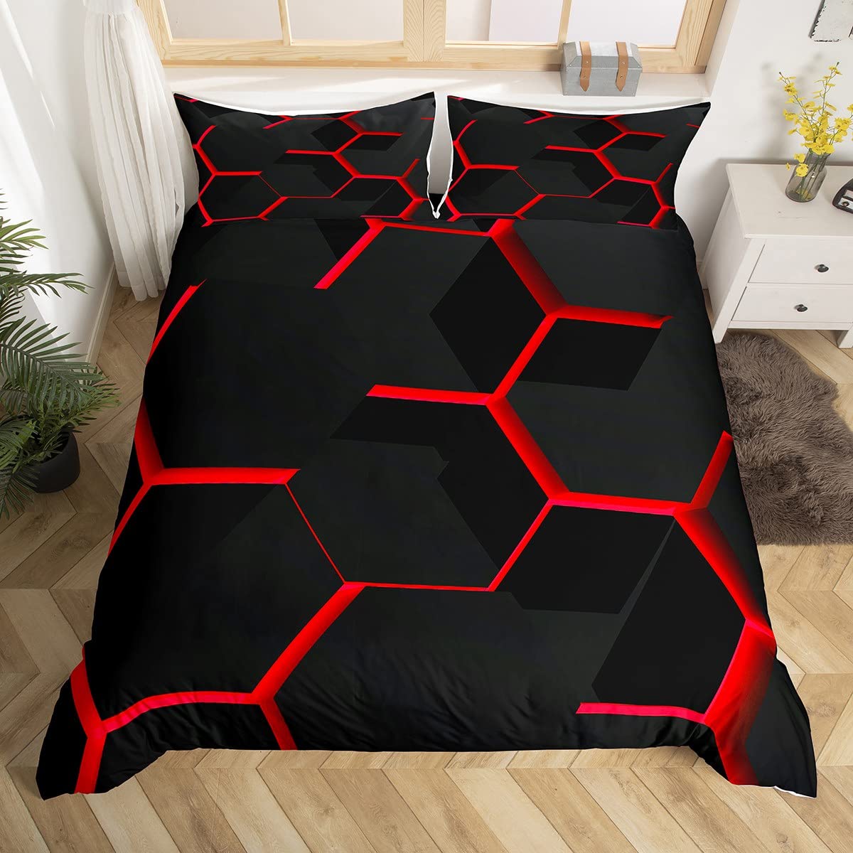 Geometric Honeycomb Duvet Cover Red Hexagon Comforter Cover Beehive Hexagon Bedding Set Geometrical Bedspread Cover Beehive Decor King Bedclothes Zipper — image 1