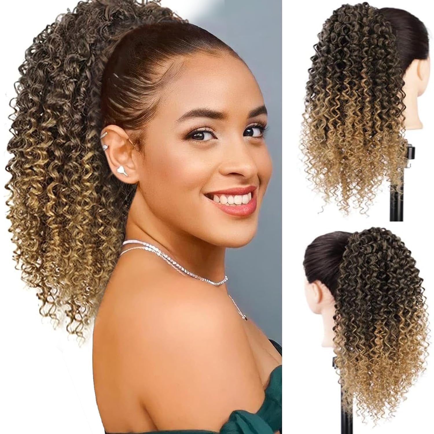 Afro Kinky Curly Ponytail for Women Drawstring Ponytail Synthetic Hair Extension Afro Drawstring Curly Pony tail with Clip in Hairpiece,Ombre Blonde 14 inch