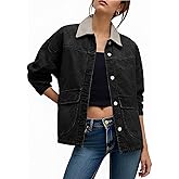 Tankaneo Womens Oversized Denim Jacket Casual Contrast Canvas Collar Button Down Jean Jackets with Pockets