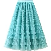 Dirholl Women's A-Line Fairy Patterned Elastic Waist Ruffle Tulle Layered Midi Skirt