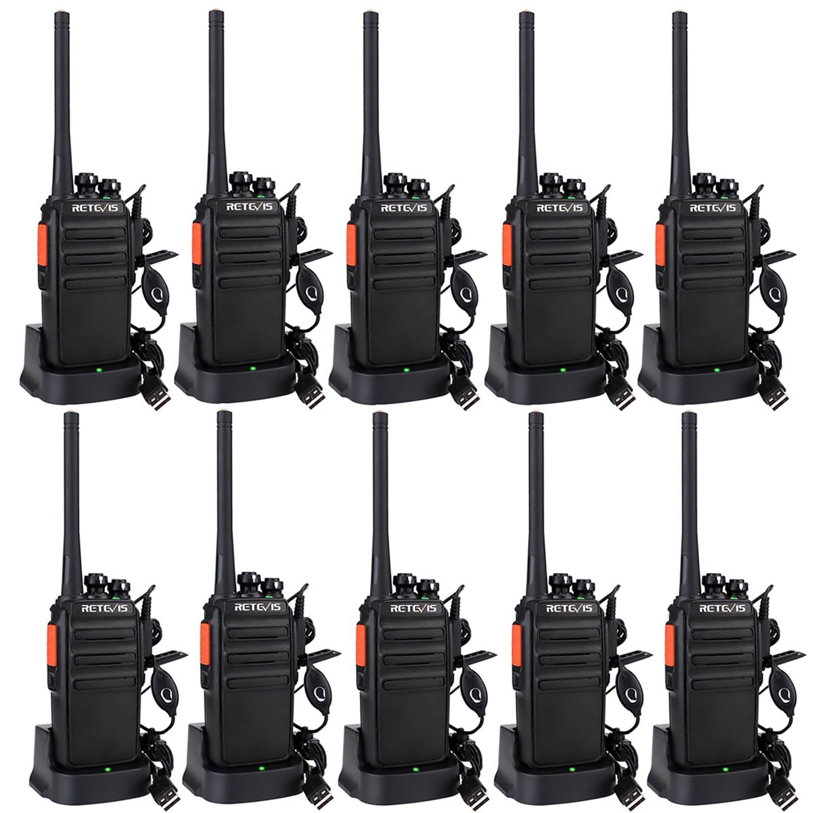 Retevis RT24 Walkie Talkies for Adults, Professional Two Way Radio, PMR446 Long Range License Free, 2 Way Radios Walkie Talkie with Earpieces for Commercial, School (Black,10 Pack)