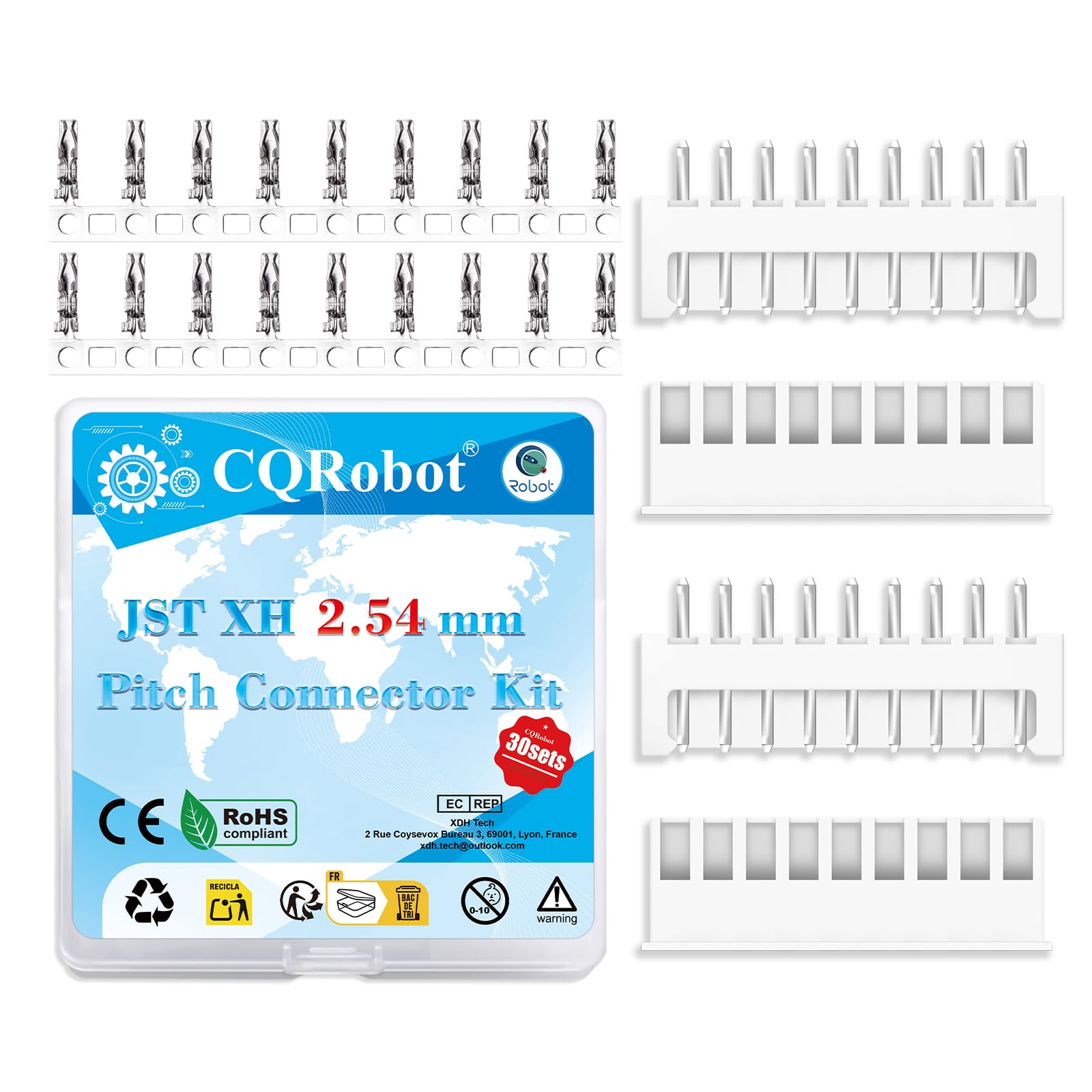 CQRobot JST XH 2.54 mm Pitch 9-Pin Electronic Computer Connector IC Male Plugs, Female Sockets Housing and T-Shaped Crimp Terminal Kit. 30 Sets/330 Pieces Wire-to-Board Adapter Cable Assembly.
