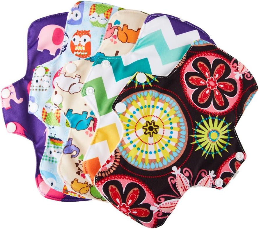 Thank u Mom 9 Inches Bamboo Fiber Reusable Cloth Menstrual Pads 5 Pads + 1 Mini Wet Bag (Prints A)