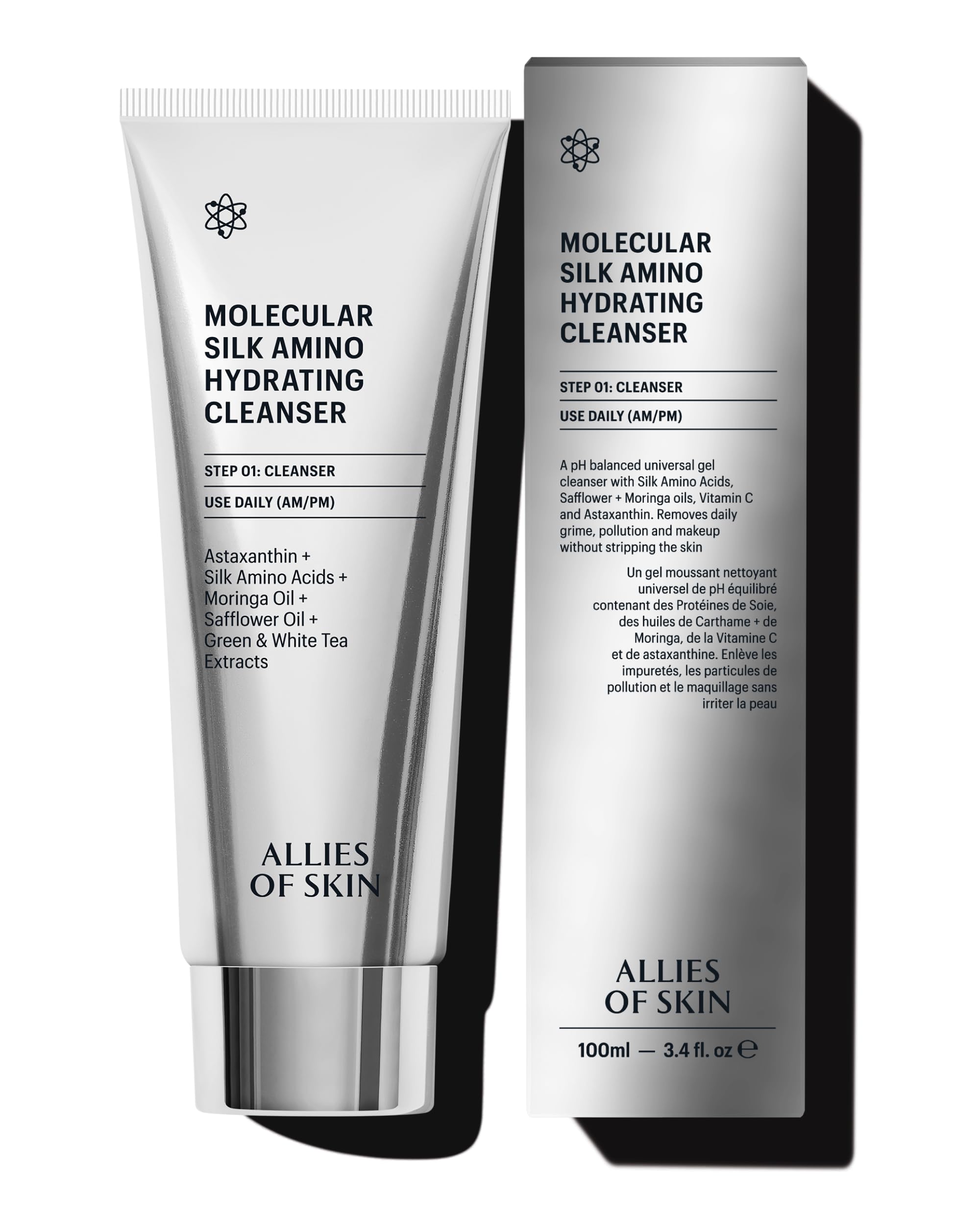 Allies of Skin Molecular Silk Amino Hydrating Cleanser: Hyaluronic Acid, Ceramides, Safflower & Moringa Oils. Nourishes, Conditions & Repairs 3.4 oz / 100 ml