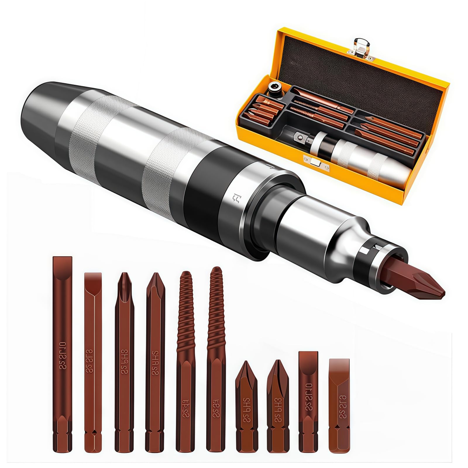 Photo 1 of 12 PCS Hammer Impact Screwdriver Set with S2 Alloy Steel Bits, Manual Hand Impact Driver, Destornillador de Impacto, Desarmador de Golpe, Includes Broken Bolt and Rust Screw Extractors