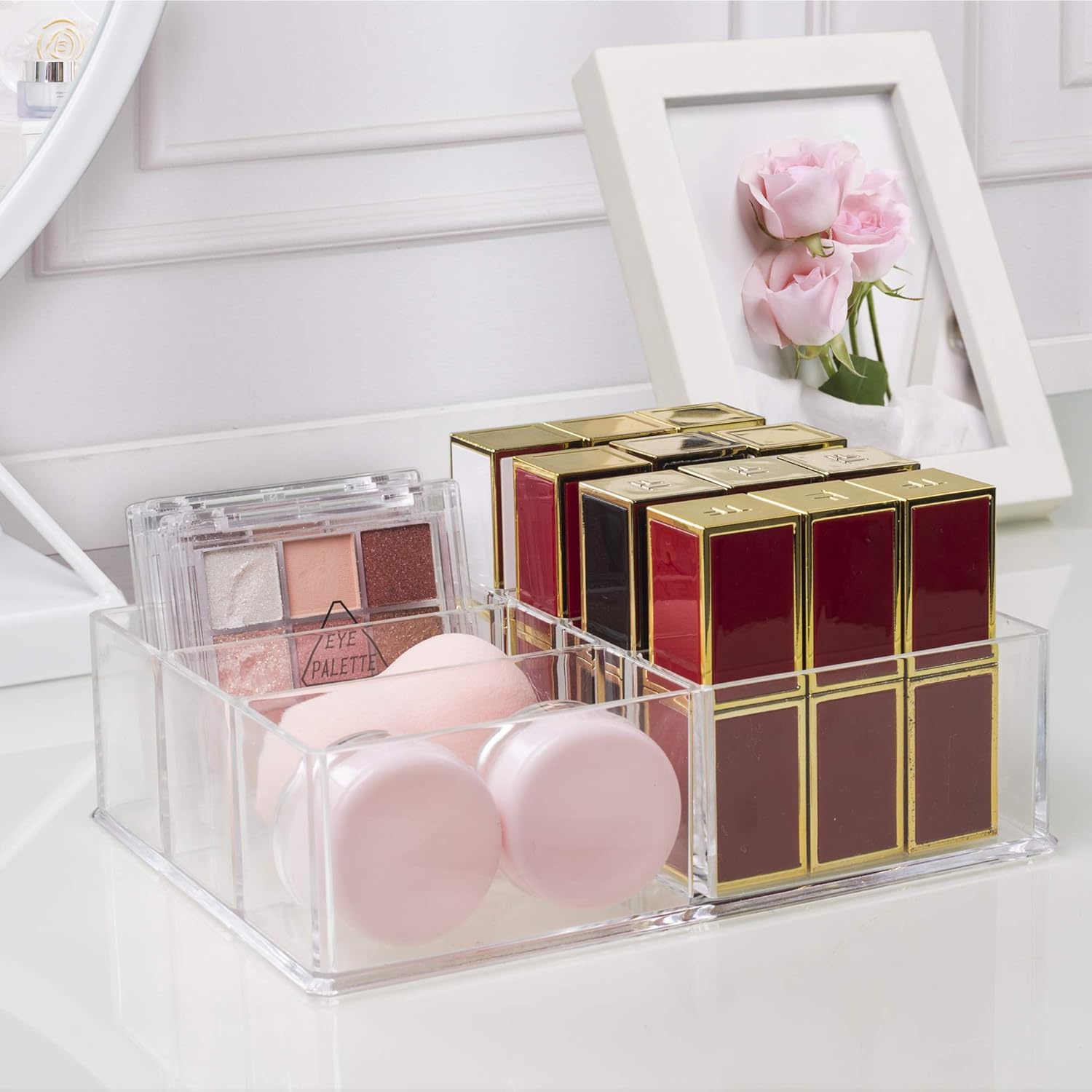 Seitop 7 Compartments Makeup Organizer, Acrylic Cosmetic Storage Jewelry Display Boxes, Drawer Organizers Case for Dresser Vanity Bathroom Kitchen - Clear