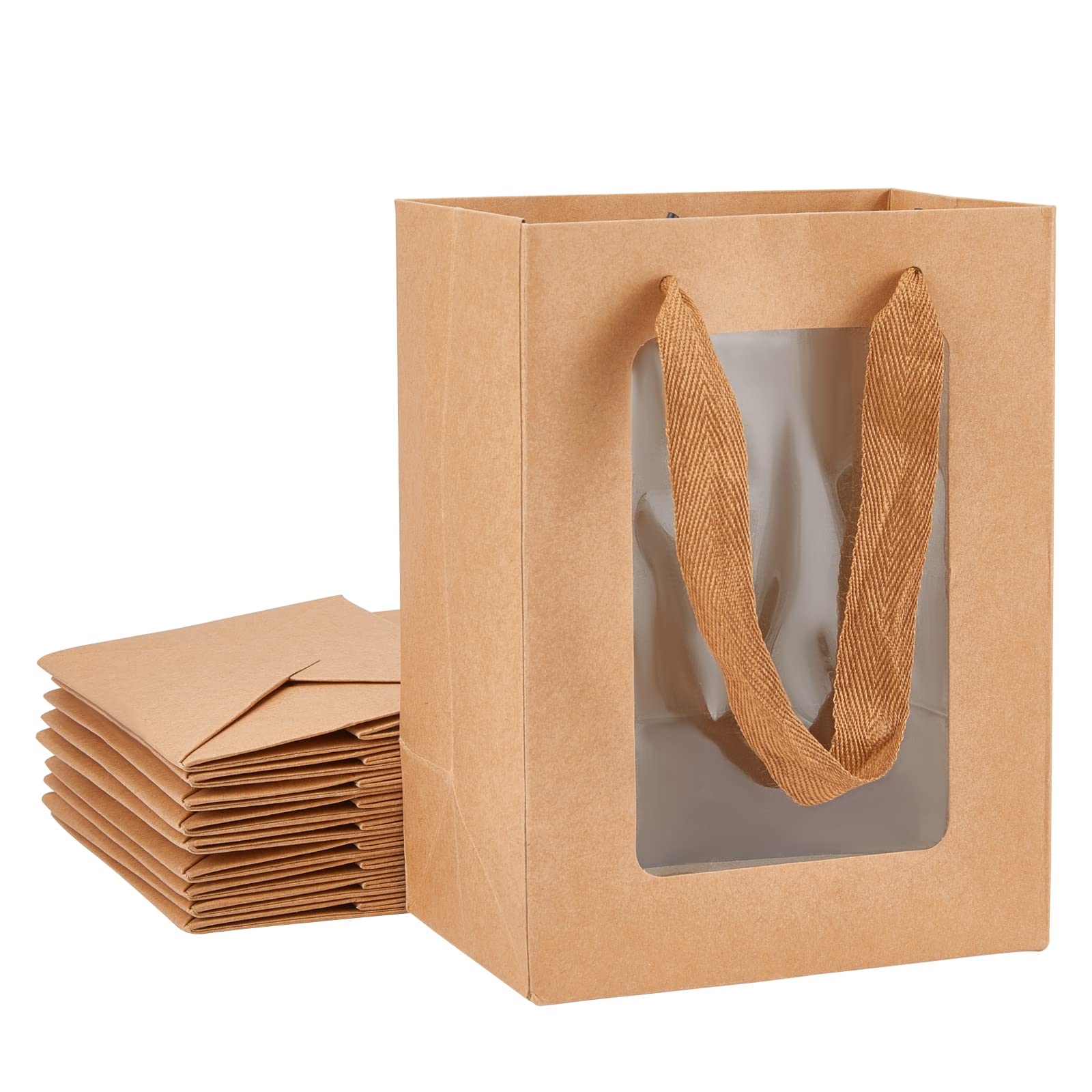 BENECREAT 10 Packs BurlyWood Kraft Paper Bag with Window 20x15x10cm Gift Bags with Clear Window for Wedding Candy Gift Packing
