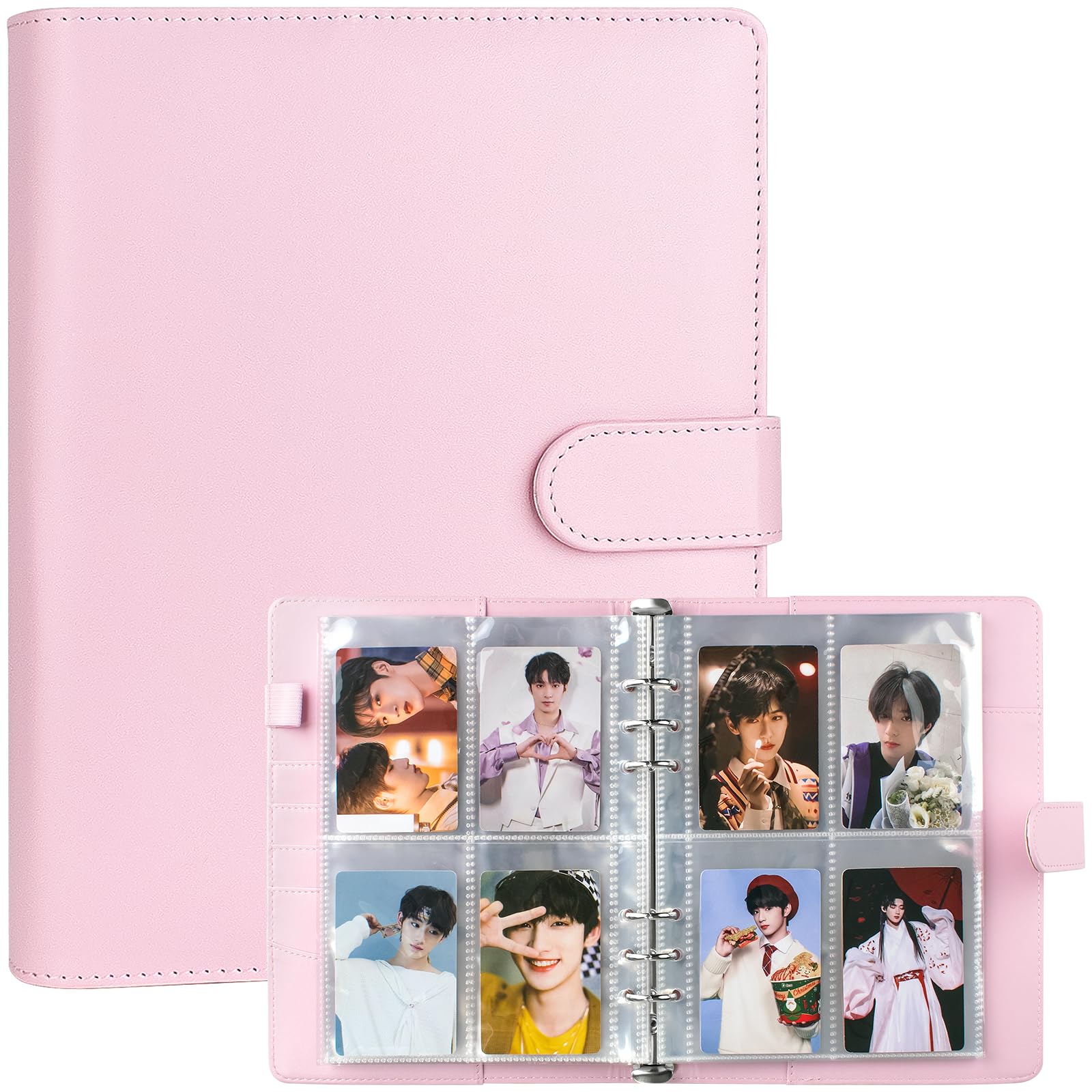 A5 Kpop Photocard Binder, 6 Ring Binder Album with 200 Card Slots, PU Leather Binder Cover with Magnetic Buckle Closure for Organizing Trading Cards (Pink)