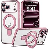 ETPESOK Compatible with iPhone 17 Pro Max Case with Magnetic Ring Stand [Compatible with Mag-Safe] [Full Camera Lens Protector] Plating Clear Phone Case for iPhone 17 Pro Max 6.9", Pink