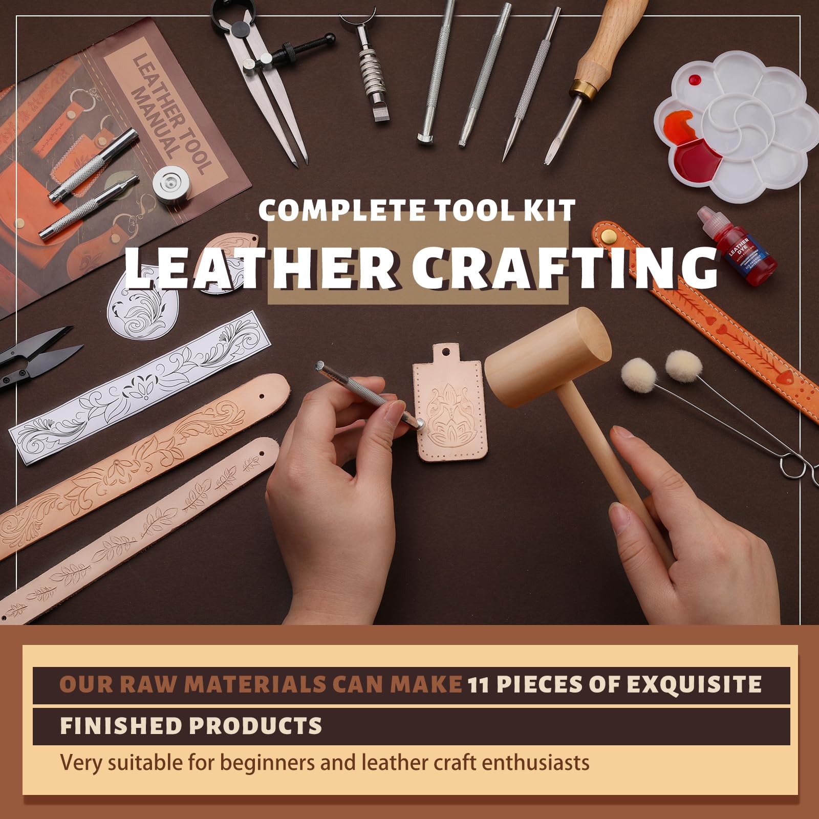 Leather Crafting Kit: Leather Working Tools and Supplies for DIY Craft Beginners Stamping Dyeing Carving Sewing Edge Sealing with Video Tutorials for Earrings Wallet Keychain Wristband Bookmark