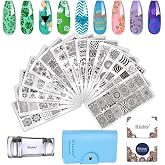Biutee 19pcs Nail Stamp Plates set 15 plate 1Stamper 2Scraper 1storage bag Nails Art Stamping Plate Scraper Stamper Set Leaves Flowers Animal Nail plate Template Image Plate