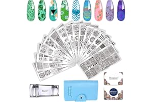 Biutee 19pcs Nail Stamp Plates set 15 plate 1Stamper 2Scraper 1storage bag Nails Art Stamping Plate Scraper Stamper Set Leaves Flowers Animal Nail plate Template Image Plate
