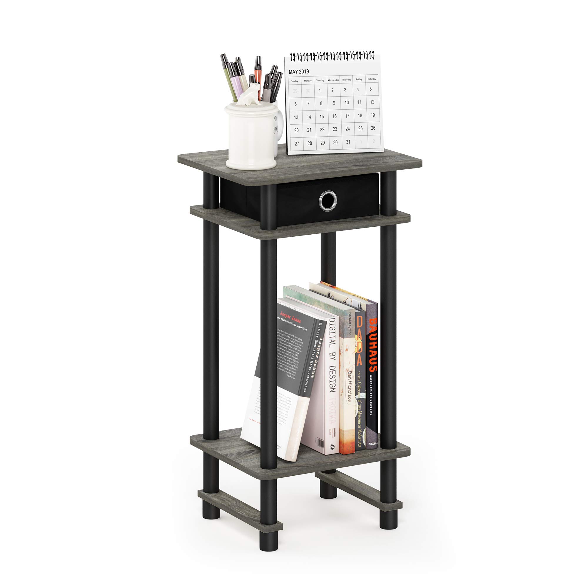 Furinno Turn-N-Tube Tall End Table, Side Table with Bin, French Oak Grey/Black