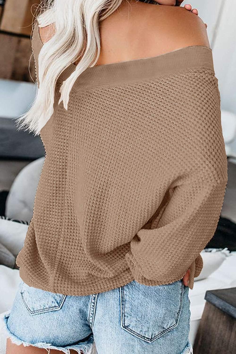 ReachMe Women's Oversized Off Shoulder Pullover Tops Long Sleeve Loose Fit Waffle Knit Tops at  Women’s Clothing store