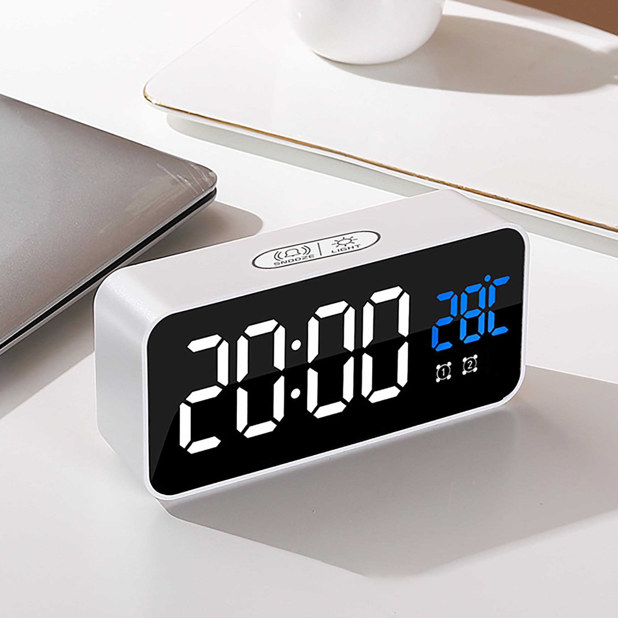 WDEC LED Digital Alarm Clock, 2 Alarms Set with 13 Music, Temperature Display, Snooze, 4 Levels Adjustable Brightness Dimmer, Adjustable Volume, USB Charging Port, Portable Mirror Alarm Clock (White)