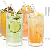 KEMORELA Vintage Ribbed Glassware Set, 16oz XL Drinking Glasses With Straws, Ribbed Glassware Set of 4, Glass Cups, Iced Coffee Cups Ideal for Whiskey, Cocktail, Iced Coffee, Juice, Beer, Soda