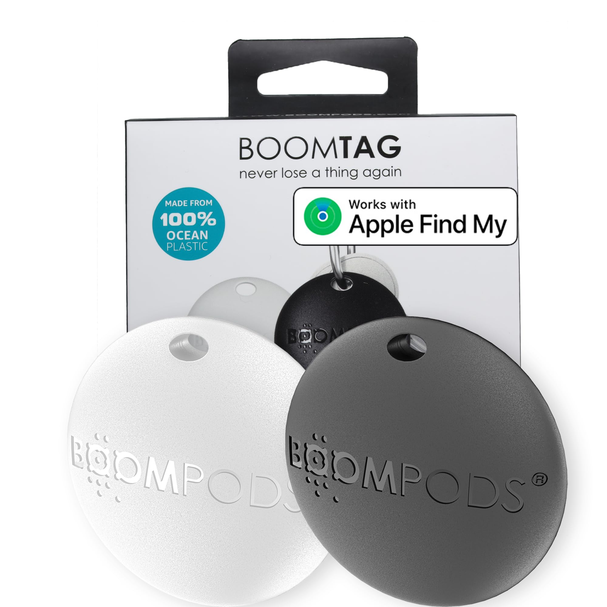 Boompods Boomtag Bluetooth Tracker Tag - Smart Tracking Device for Children, Pet and Dog, Keyring Wallet Tracker for Keys, Luggage Suitcases, Key Finder Compatible with Apple Find My App - 2 Pack