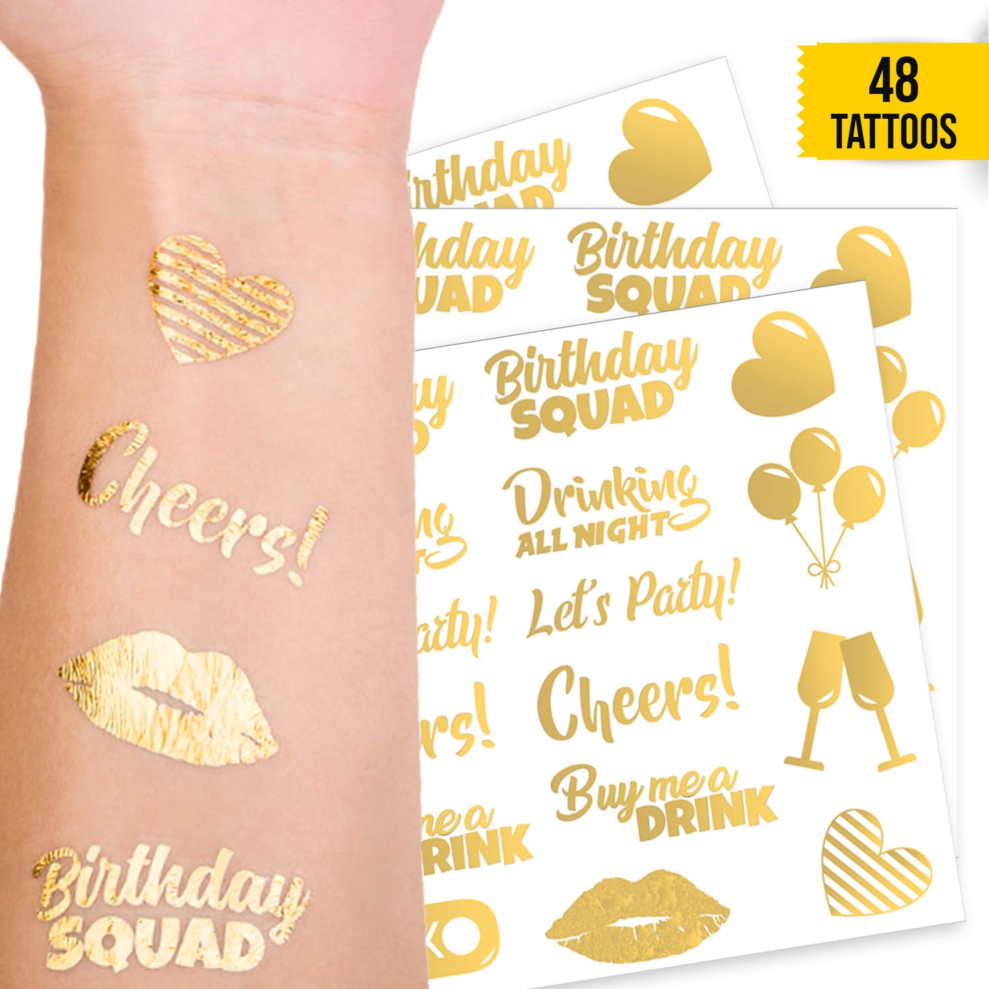 CORRURE 48pcs Birthday Tattoos - Gold Temporary Tattoos Metallic for Women and Men - Happy Birthday Squad Tattoos for Girls, 18th 21st 25th 30th or Any Adult Bday - 11 Flash Party Tattoos