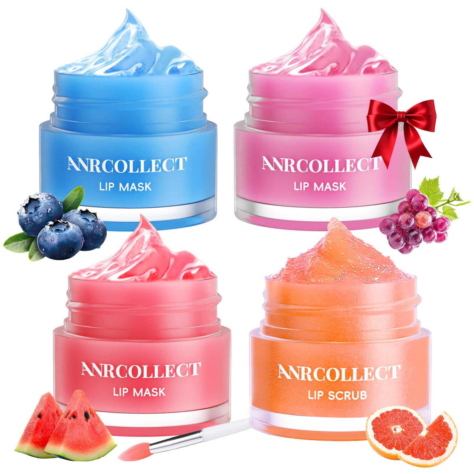 ANRCOLLECT Lip Mask & Lip Scrub, Lip Sleeping Masks & Lip Scrub Exfoliator, Moisturizing Lip Balm Set for Dry Chapped Peeling Cracked Lips, Fine Line & Wrinkle, 4Pack, 0.35 OZ/Each