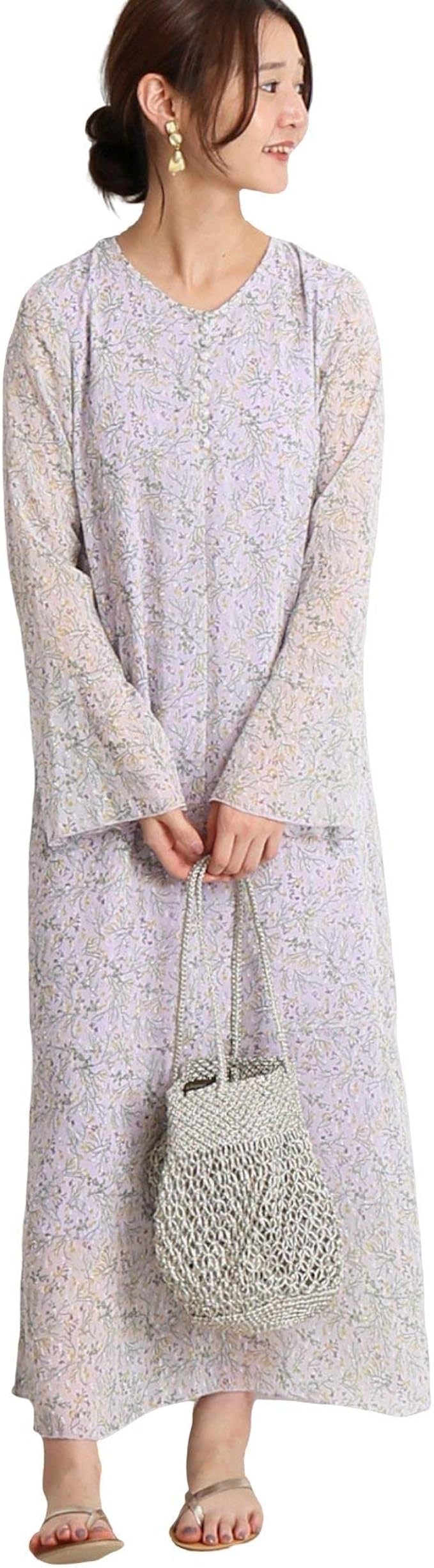 Amazon Co Jp スローブイエナ 小花柄プリント フレアスリーブワンピース フリー パープル C 服 ファッション小物