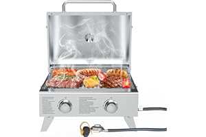 BBQCUKER Portable Propane Gas Grill 2-Burner Tabletop with Foldable Legs for Outdoor Camping Cooking Two 10,000 BTU Burners Stainless Steel, and Built-in Thermometer Chef's Style