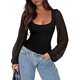 REORIA Womens Sheer Mesh Long Sleeve Scoop Neck Slim Trendy Going Out Tops Dressy Blouse