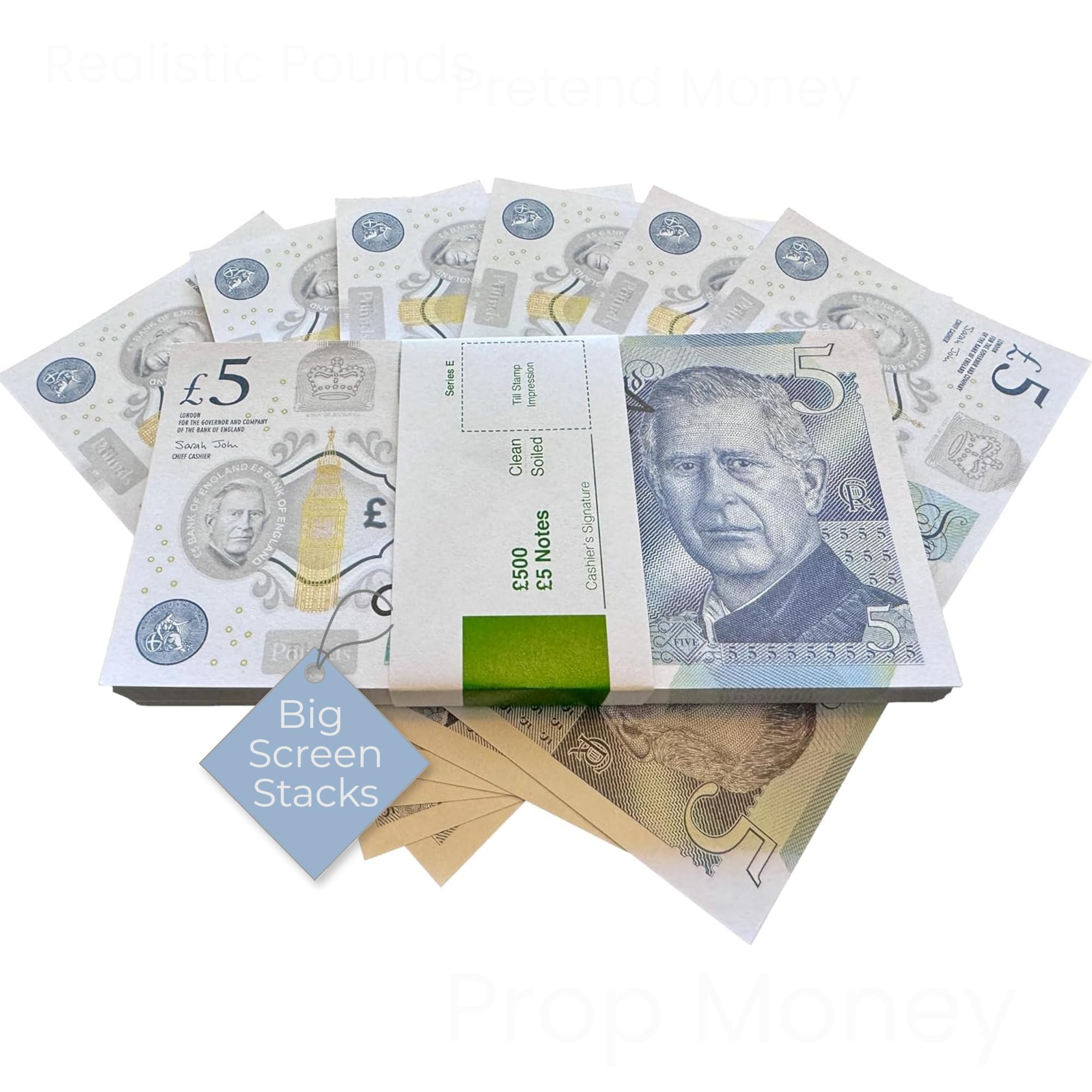 BIG SCREEN STACKS Prop Money UK – 100 Fake £5 King Charles Notes for Film, TV & Photography – Realistic Prop Cash for Content Creators, Games & Pranks, Pretend Play