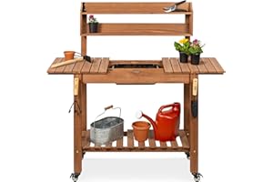 Best Choice Products Mobile Garden Potting Bench, Outdoor Wood Workstation Table w/Sliding Tabletop, 4 Locking Wheels, Food Grade Dry Sink, Storage Shelves - Brown