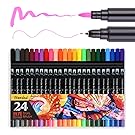 Dual Markers Pen 24 Unique Colors Fine and Brush Tip Art Marker Set with Fineliner 0.4mm Best for Coloring Drawing Painting Wanshui