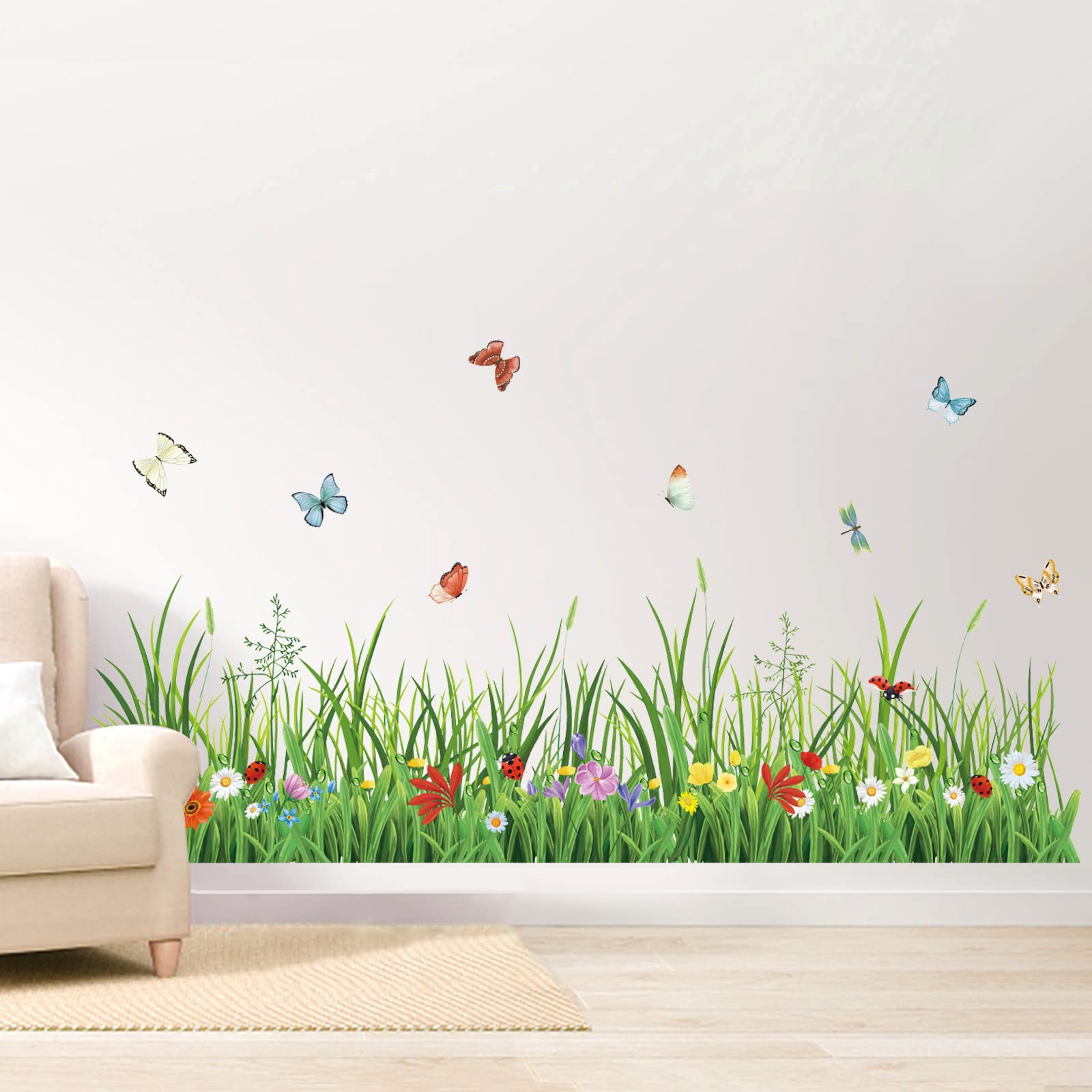 wondever Green Grass Wall Corner Stickers Flowers Butterflies Baseboard Skirting Line Wall Art Decals for Bedroom Living Room