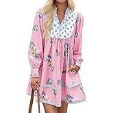 Wenrine Womens Casual Floral Mini Dress 2025 Fall Long Sleeve V Neck Patchwork Loose Boho Shirt Dresses