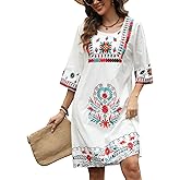 Higustar Mexican Embroidered Dress Summer Cotton Bohemian Flower Peasant Traditional Mexico Fiesta Boho Dresses for Women
