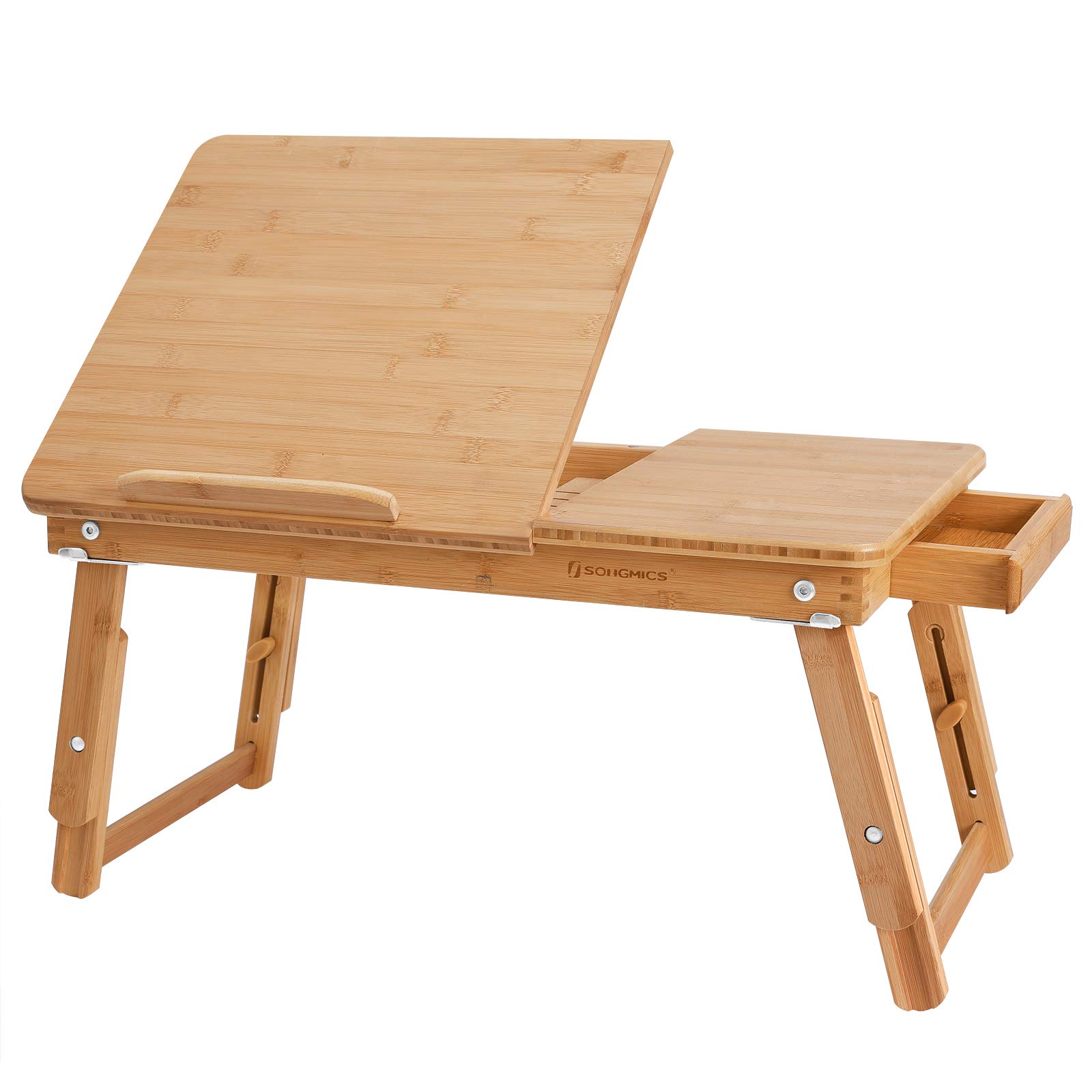 SONGMICS Laptop Desk for Bed Sofa with Adjustable Tilting Top, Breakfast Serving Tray with Folding Legs ,Multi Function Table, Floor Desk, 100% Bamboo Nature