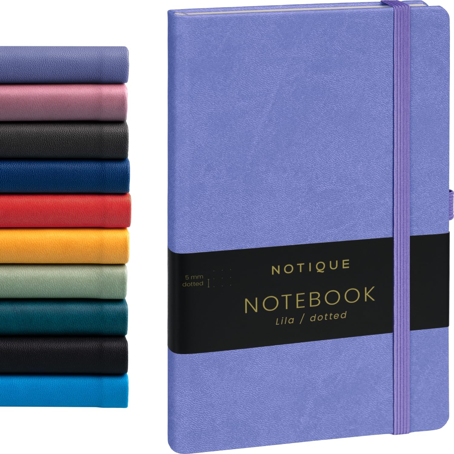 NOTIQUE Dotted Hardback Notebook, Notebook, Journal, Diary with Elastic Band and Pen Holder, 13 x 21 cm, 192 Pages (Lilac Purple, Polka Dots)
