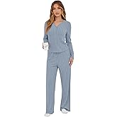 Womens Pajama Sets 2 Piece Lounge Pajamas Sets Casual Ribbed Knit Long Sleeve Matching Set