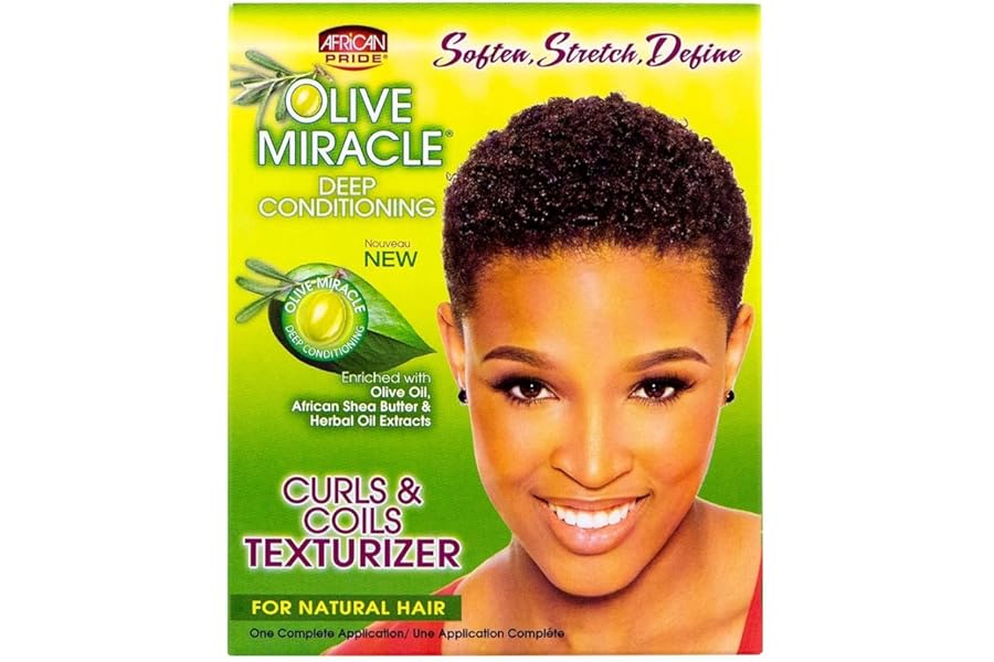 African Pride Olive Miracle Curls & Coils Texturizer – Contains Aloe Vera, Castor Oil & Biotin to Condition & Define Hair, Protect, 1 Kit