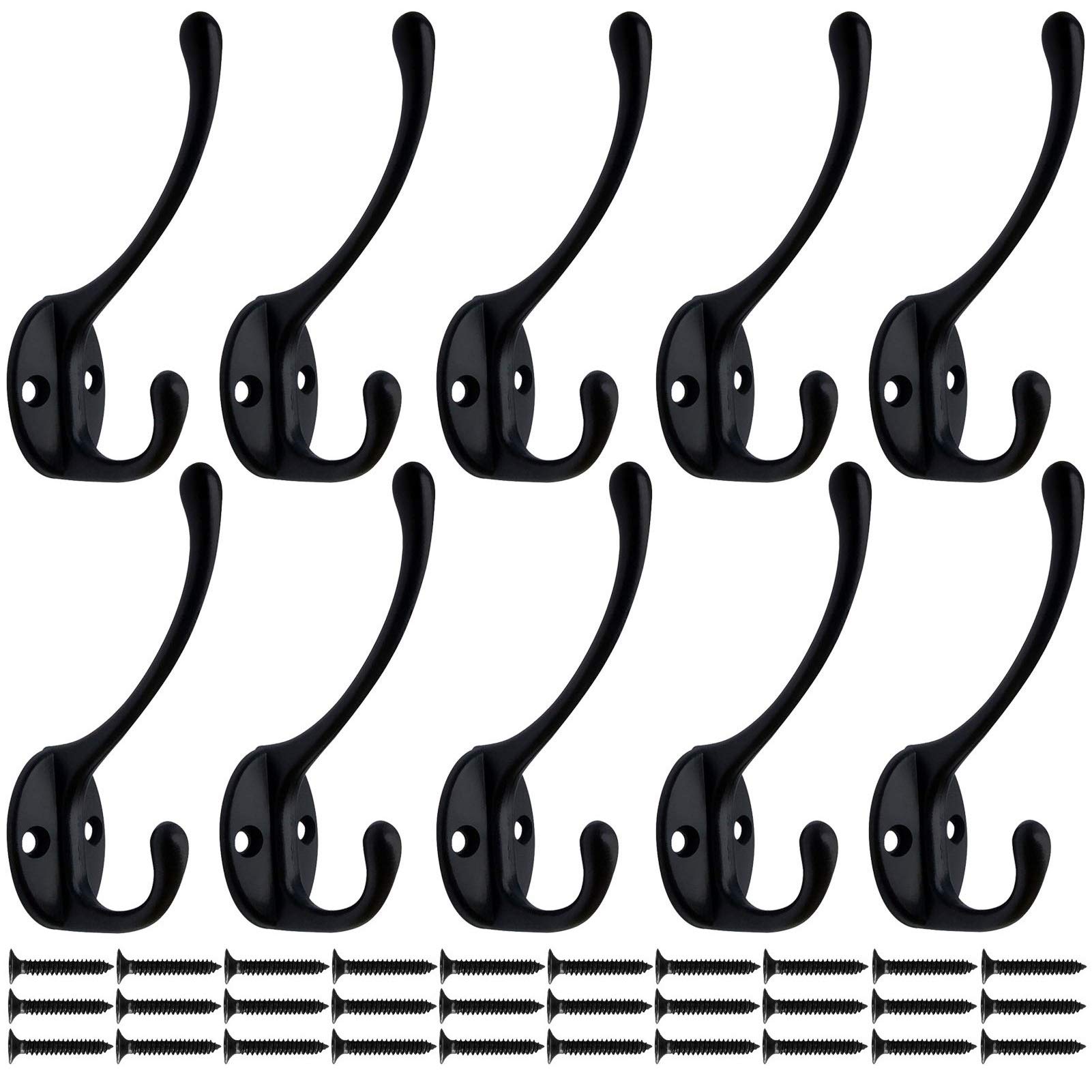 Beilala 10 Pack Double Coat Hooks for Wall Door with Screws Black Antique Robe Hooks for Clothes, Hat, Scarf, Bag, Towel, Key, Cup, Cap