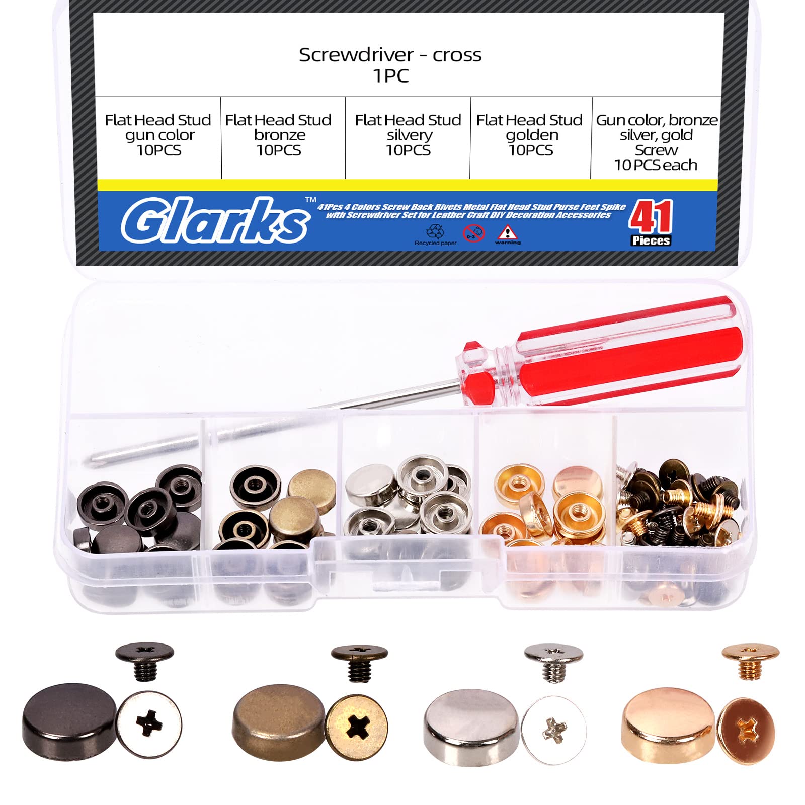 Glarks 41Pcs Screw Back Rivets with Screwdriver Set, 4 Colors Metal Flat Head Purse Feet Handbag Feet Nail Head Stud Flat Buckle Button Cap Rivets for Leather Craft DIY