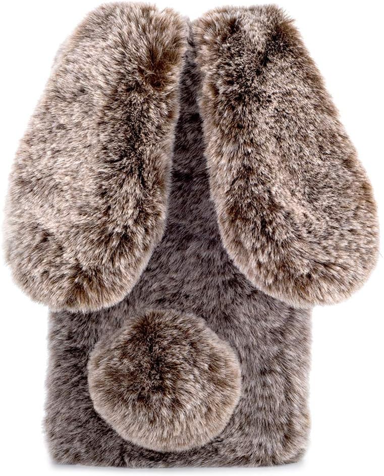 HongHushop Cute Rabbit Case Plush Cover for iPhone XR Case Super Soft Warm Fluffy Furry Bunny Ears Shockproof Back Case Cover Chic Bling Crystal Diamond Bowknot Case -Brown