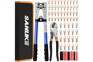 Sanuke Battery Cable Lug Crimping Tool Kit with Cable Cutter 60pcs Ring Terminals 60pcs Heat Shrink Tubing and A Bag, Wire Crimper for AWG 10-1/0 Electrical Lug