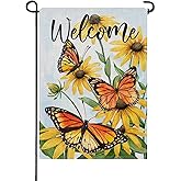 Artofy Welcome Spring Summer Butterfly Daisy Flower Small Decorative Garden Flag, Yellow Floral Yard Lawn Outside Decor, Seasonal Burlap Outdoor Home Decoration Double Sided 12 x 18