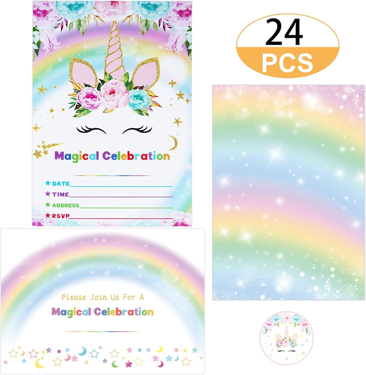 Supreona 24 PCS Glitter Unicorn Invitations With Envelopes And Stickers Rainbow Invitation Cards For Birthday, Baby Shower, Party Supplies Set