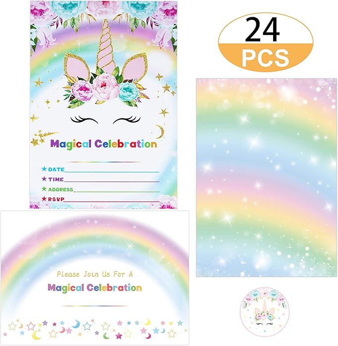 Supreona 24 PCS Glitter Unicorn Invitations With Envelopes And Stickers Rainbow Invitation Cards For Birthday, Baby Shower, Party Supplies Set