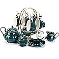 CHENP.HMC Tea Set 22-Piece Porcelain Ceramic Coffee Tea Sets Cups Saucer Service for 6 Teapot Sugar Bowl Creamer Pitcher and Teaspoons Porcelain Tea Set(Dark Green)