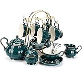 CHENP.HMC Tea Set 22-Piece Porcelain Ceramic Coffee Tea Sets Cups Saucer Service for 6 Teapot Sugar Bowl Creamer Pitcher and Teaspoons Porcelain Tea Set(Dark Green)