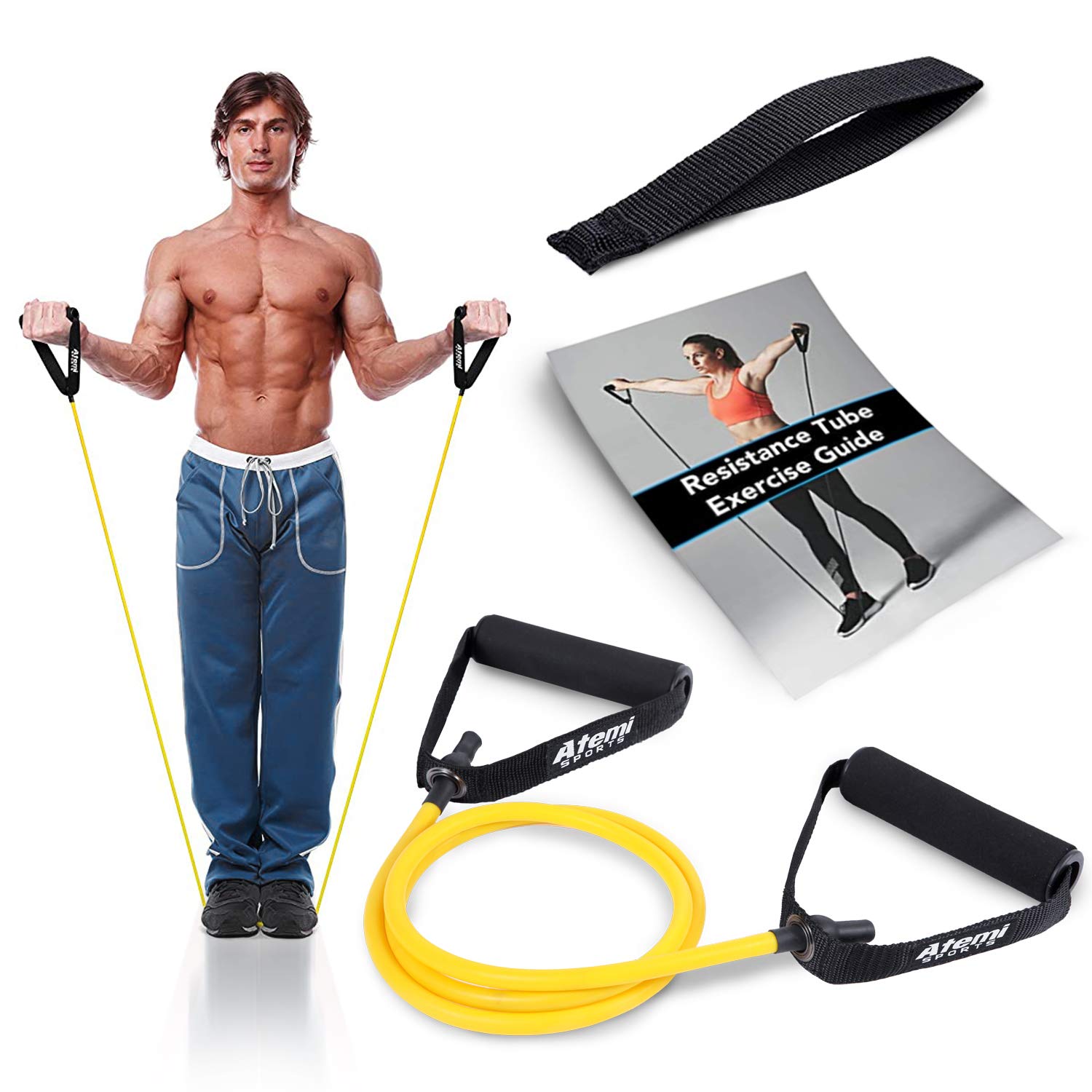 Photo 1 of Fitness Band with Handles & Door Anchor | Resistance Tube for Strength Training & Physiotherapy | Free Exercise Guide (#1 Yellow (Light))