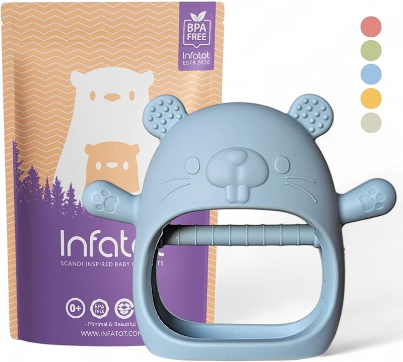 Infatot Chipmunk Teething Mittens Silicone Soothing Glove Blue 0-6 Months