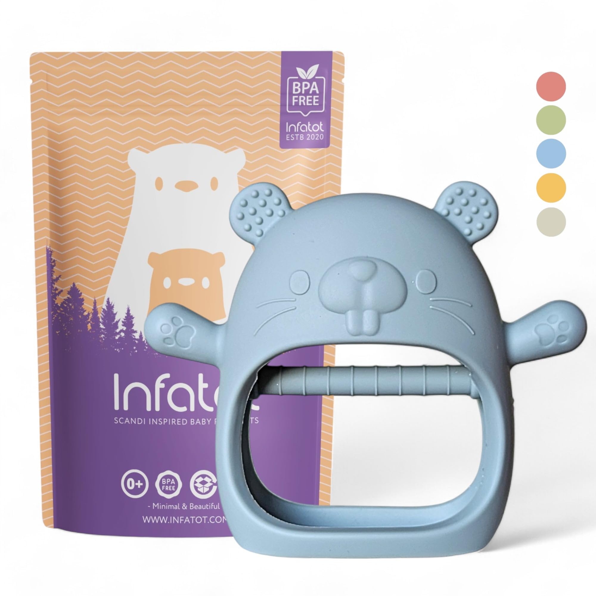 Infatot® Teething Toys for Baby Gifts – Chipmunk Silicone Mitten Teether, Soothing Glove for Infants, Baby Toys 0-6 Months, Soft Chewable Teether Toy to Prevent Finger Sucking, CM Blue. — image 1