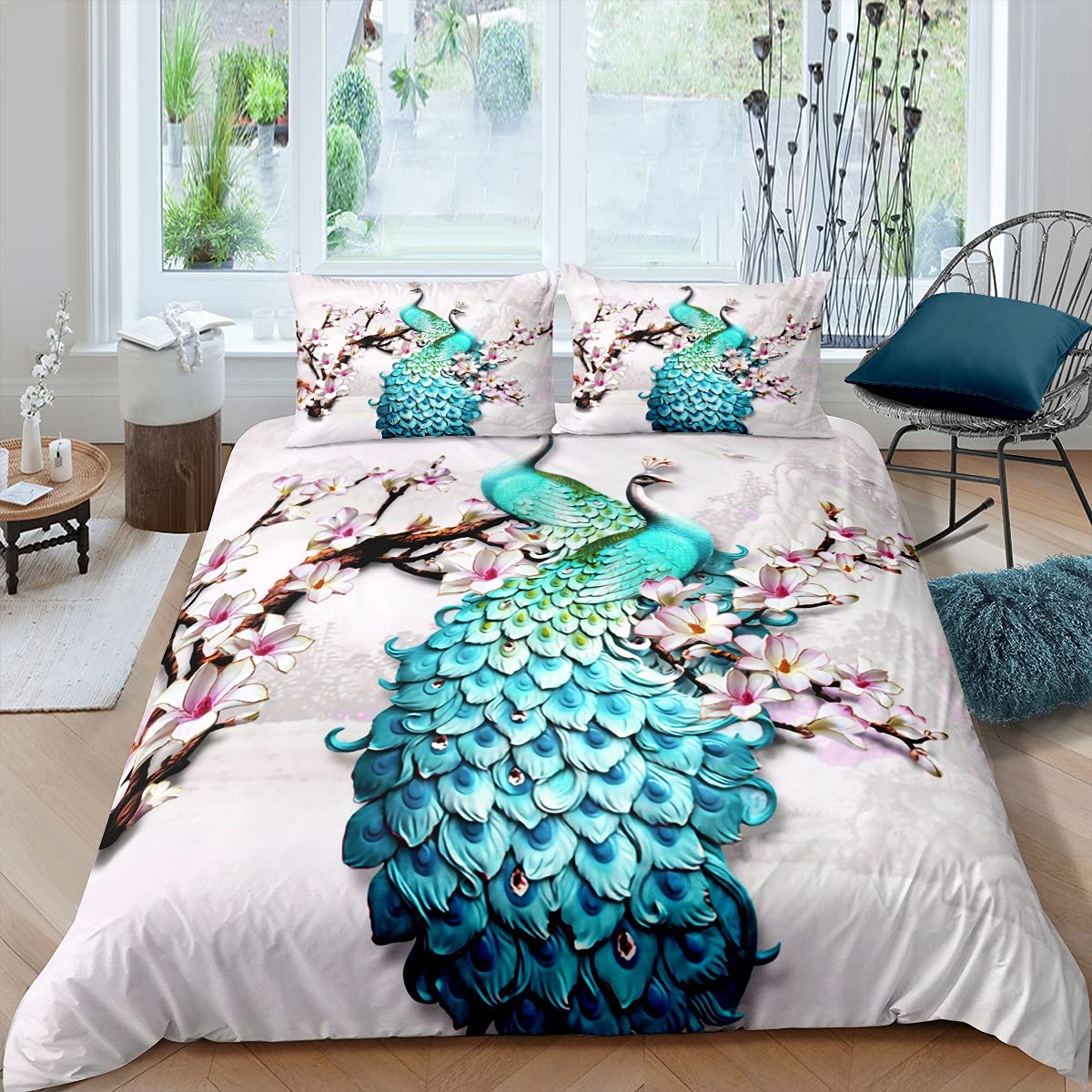 Peacock Bedding Duvet Cover Sets,Elegant Gorgeous Blue Feather Comforter Cover for Girls Women Pink Flower Soft Quilt Cover 3Pcs,Birds Animal Theme Decor Bedspread with 2 Pillowcases,King Size